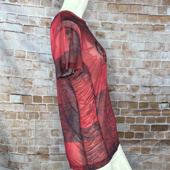 Sinful By Affliction Sheer Short Sleeve T-Shirt - Red / Black - Large / XL -NWT - Picture 4 of 9